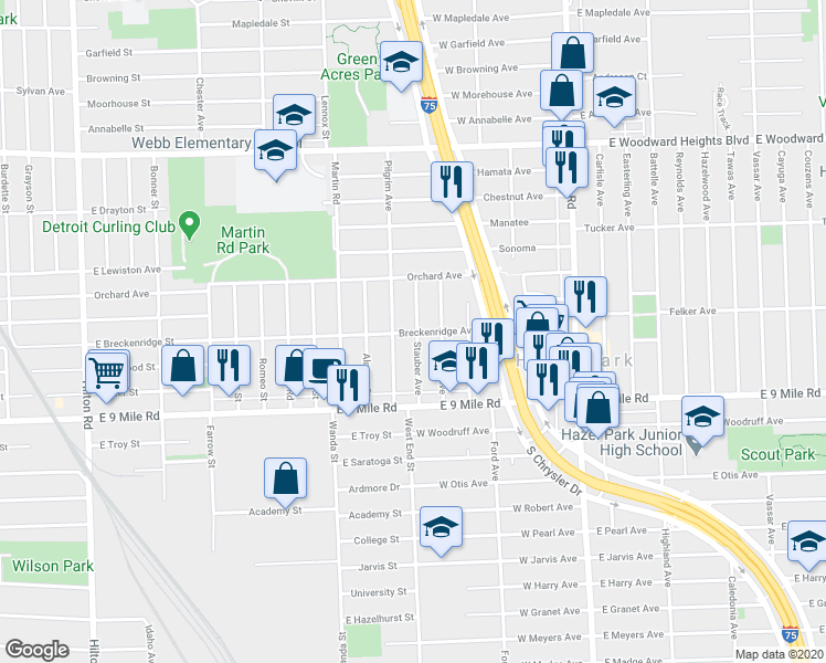 map of restaurants, bars, coffee shops, grocery stores, and more near 23303 Stauber Avenue in Hazel Park