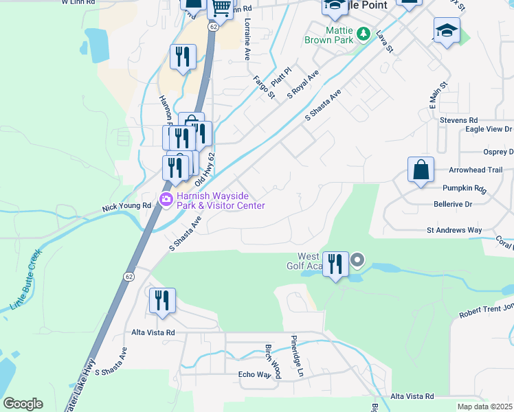 map of restaurants, bars, coffee shops, grocery stores, and more near 178 Glenwood Drive in Eagle Point