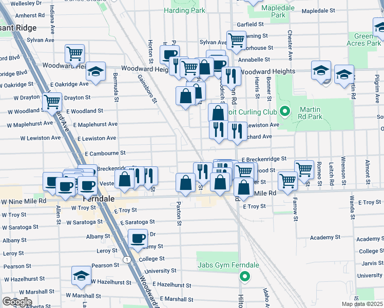 map of restaurants, bars, coffee shops, grocery stores, and more near 610 East Cambourne Street in Ferndale
