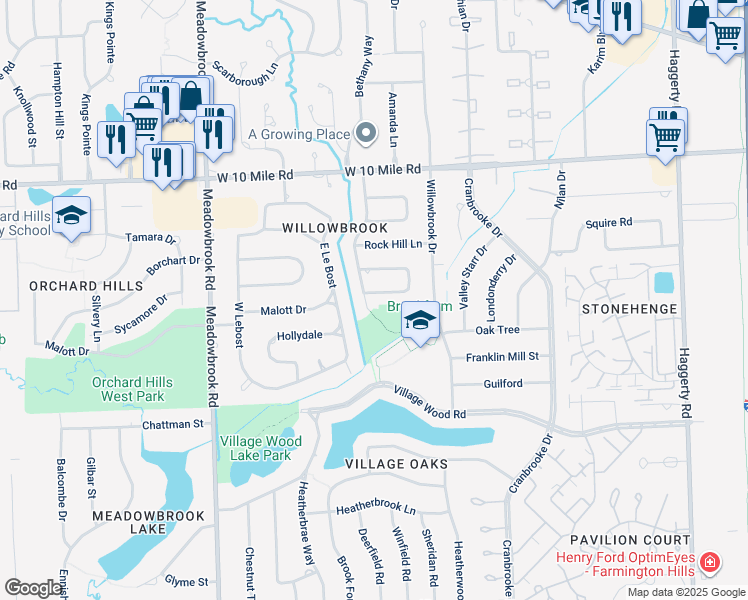 map of restaurants, bars, coffee shops, grocery stores, and more near 23660 Maude Lea Street in Novi