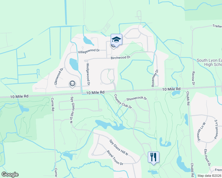 map of restaurants, bars, coffee shops, grocery stores, and more near 54300 10 Mile Road in South Lyon