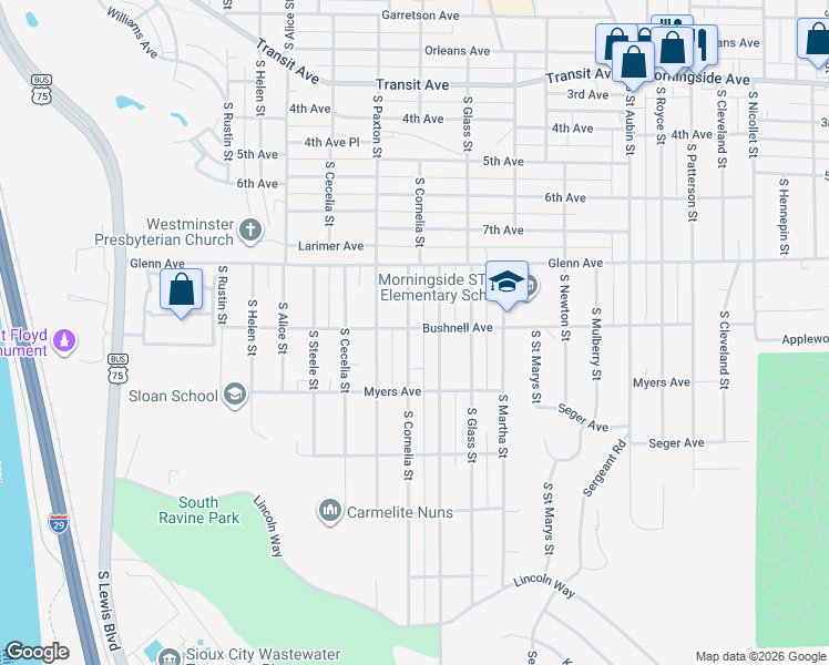 map of restaurants, bars, coffee shops, grocery stores, and more near 2600 South Cornelia Street in Sioux City