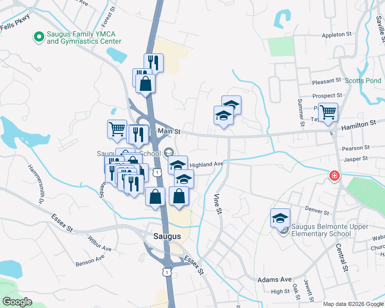 map of restaurants, bars, coffee shops, grocery stores, and more near 11 Kennedy Drive in Saugus