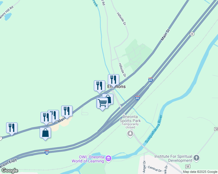map of restaurants, bars, coffee shops, grocery stores, and more near Emmons Farm in Oneonta