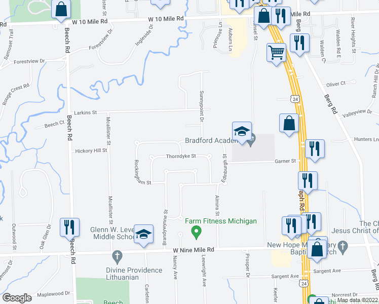 map of restaurants, bars, coffee shops, grocery stores, and more near 24860 Thorndyke Street in Southfield