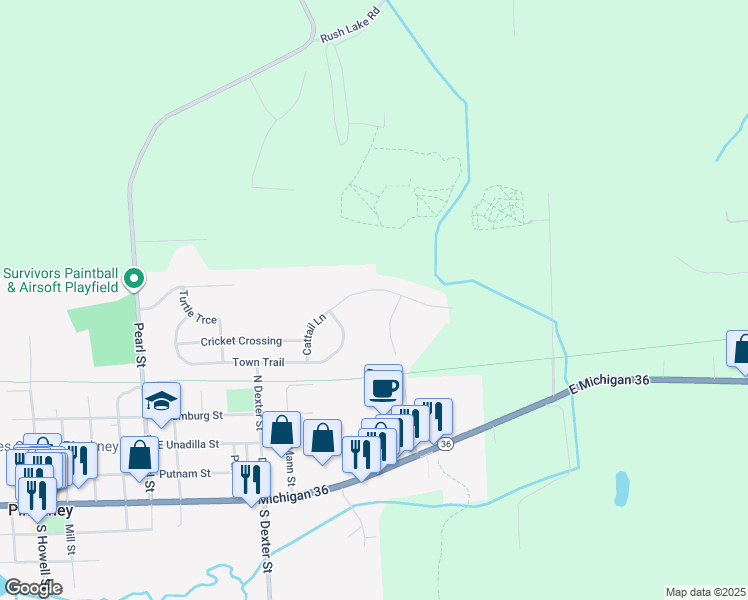 map of restaurants, bars, coffee shops, grocery stores, and more near 714 Cattail Lane in Pinckney