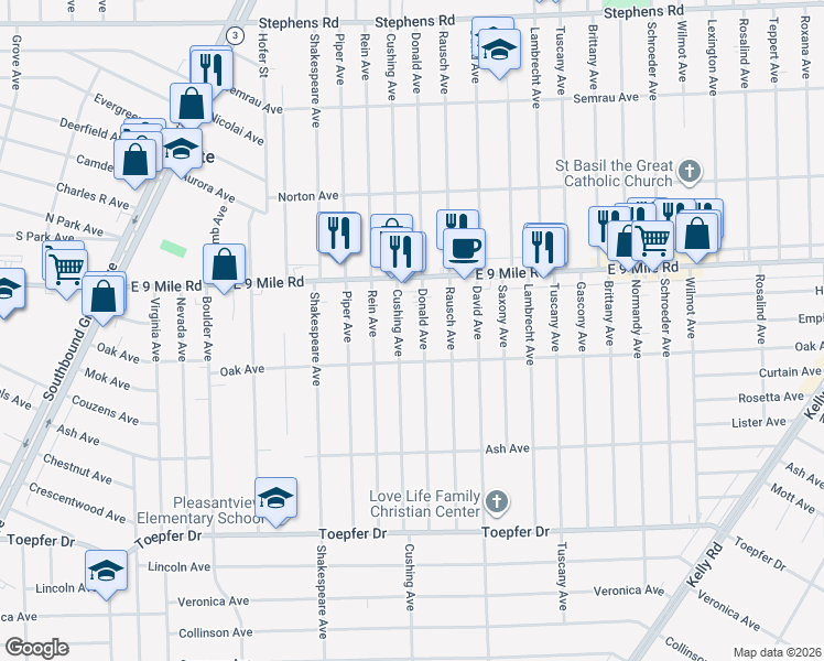map of restaurants, bars, coffee shops, grocery stores, and more near 17100 East 9 Mile Road in Eastpointe