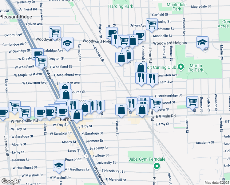 map of restaurants, bars, coffee shops, grocery stores, and more near 500 East Cambourne Street in Ferndale