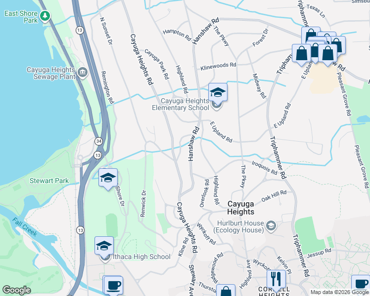 map of restaurants, bars, coffee shops, grocery stores, and more near 212 Hanshaw Rd in Ithaca