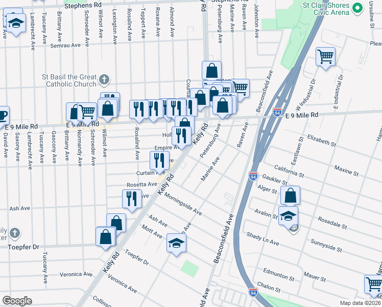 map of restaurants, bars, coffee shops, grocery stores, and more near 22425 Petersburg Avenue in Eastpointe