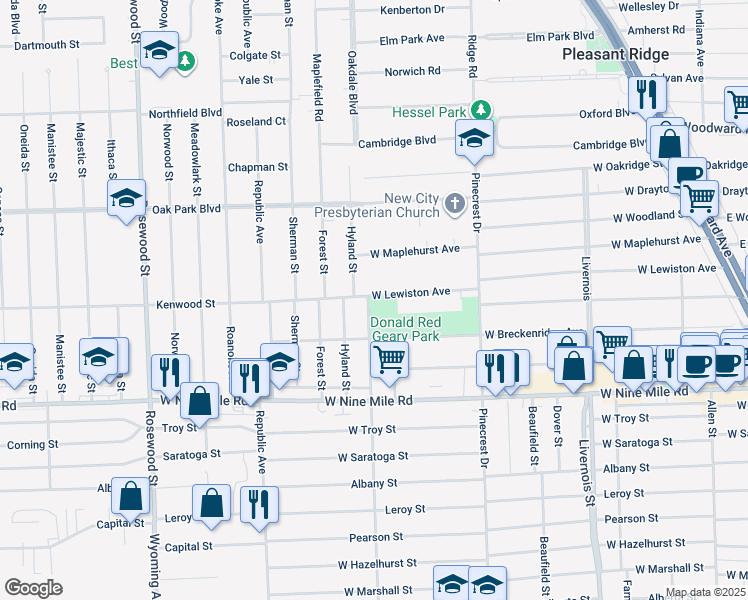 map of restaurants, bars, coffee shops, grocery stores, and more near 1055 West Lewiston Avenue in Ferndale