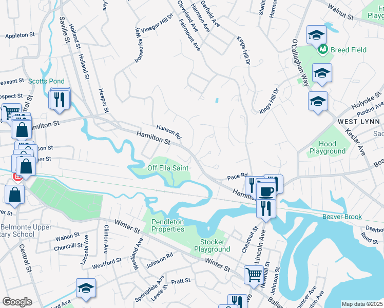 map of restaurants, bars, coffee shops, grocery stores, and more near 164 Hamilton Street in Saugus