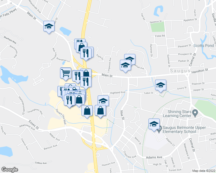 map of restaurants, bars, coffee shops, grocery stores, and more near 11 Kennedy Drive in Saugus