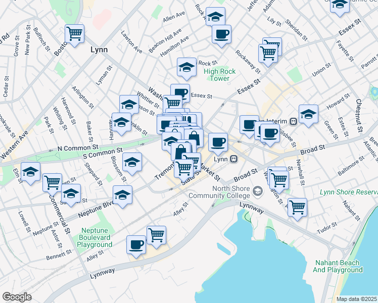map of restaurants, bars, coffee shops, grocery stores, and more near 53 Market Street in Lynn