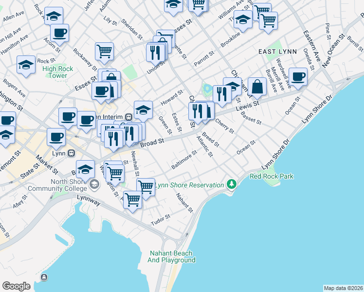 map of restaurants, bars, coffee shops, grocery stores, and more near 11-15 Broad Street Place in Lynn
