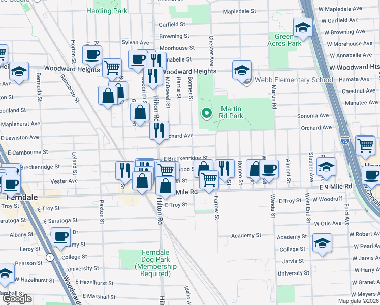 map of restaurants, bars, coffee shops, grocery stores, and more near 1208 East Cambourne Street in Ferndale