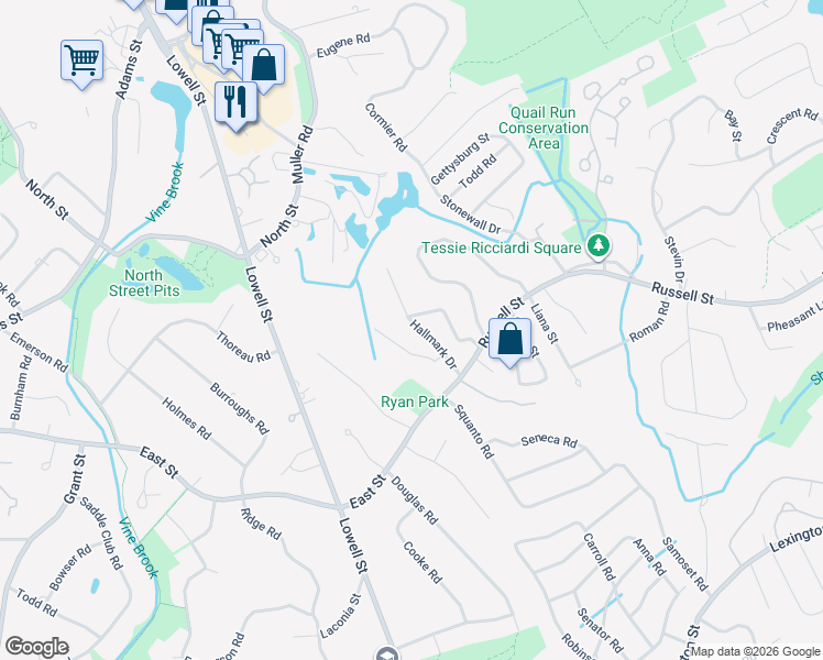 map of restaurants, bars, coffee shops, grocery stores, and more near 12 Hallmark Drive in Woburn