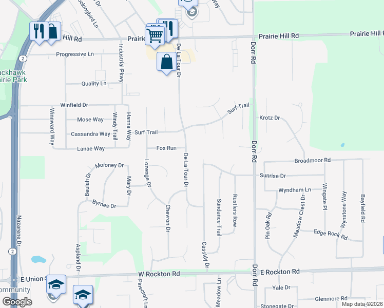 map of restaurants, bars, coffee shops, grocery stores, and more near 13995 De La Tour Drive in Rockton