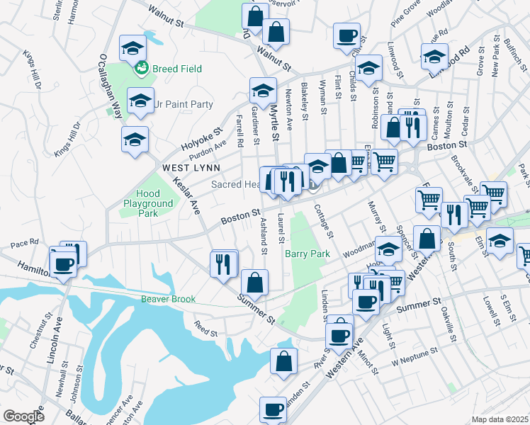 map of restaurants, bars, coffee shops, grocery stores, and more near 634 Boston Street in Lynn