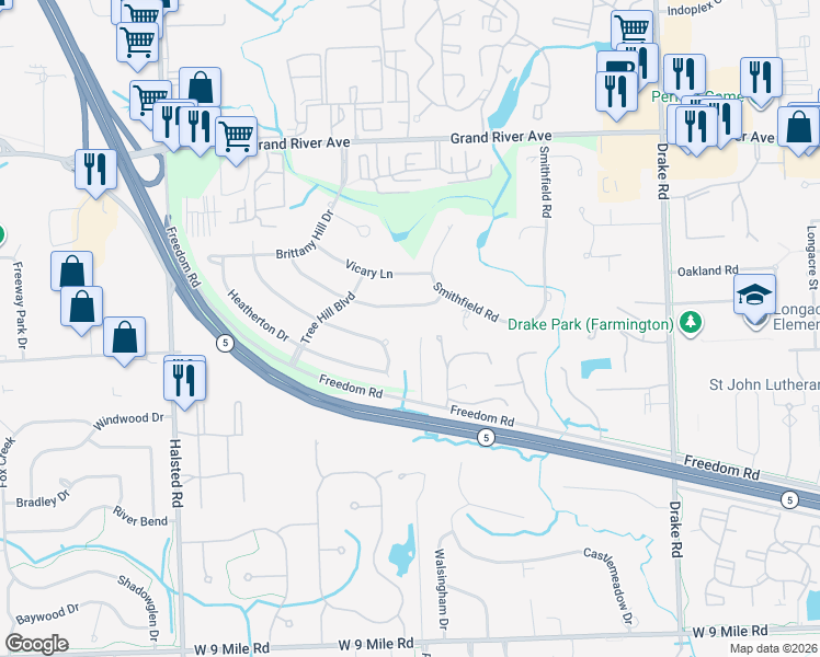 map of restaurants, bars, coffee shops, grocery stores, and more near 23471 Hillview Court in Farmington
