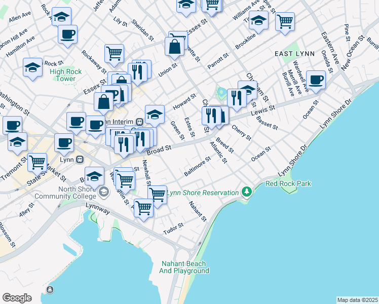 map of restaurants, bars, coffee shops, grocery stores, and more near 40 Broad Street in Lynn