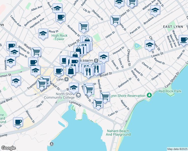 map of restaurants, bars, coffee shops, grocery stores, and more near 149 Broad Street in Lynn