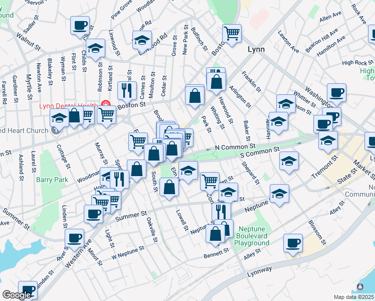 map of restaurants, bars, coffee shops, grocery stores, and more near 676 Massachusetts 107 in Lynn