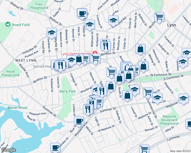 map of restaurants, bars, coffee shops, grocery stores, and more near 74 Spencer Street in Lynn