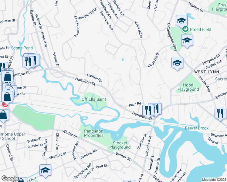 map of restaurants, bars, coffee shops, grocery stores, and more near 164 Hamilton Street in Saugus