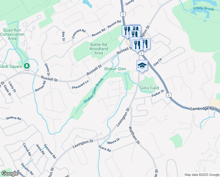map of restaurants, bars, coffee shops, grocery stores, and more near 18 Arcadia Street in Woburn
