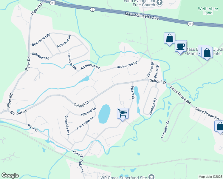 map of restaurants, bars, coffee shops, grocery stores, and more near 217 School Street in Acton
