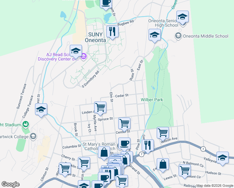 map of restaurants, bars, coffee shops, grocery stores, and more near 31 Cedar Street in Oneonta