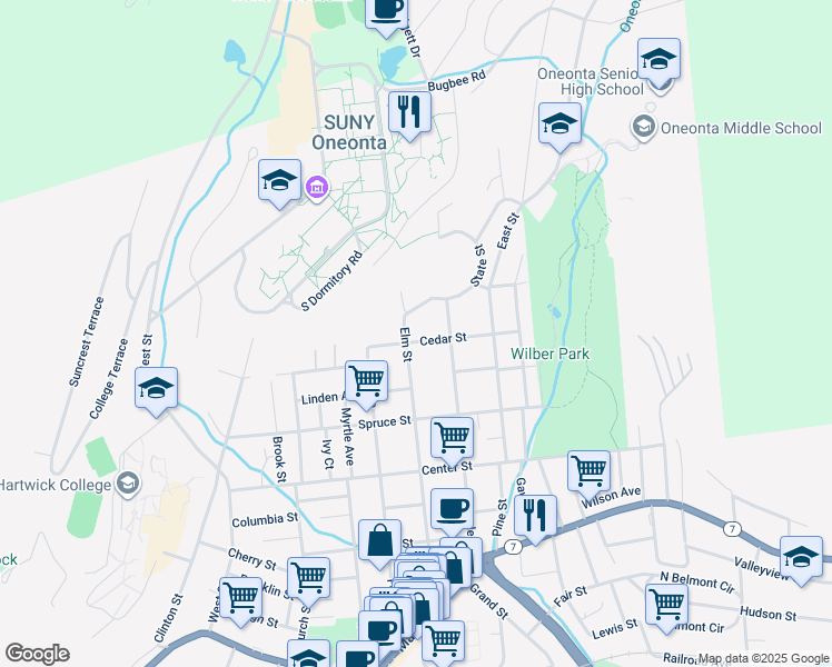 map of restaurants, bars, coffee shops, grocery stores, and more near 31 Cedar Street in Oneonta