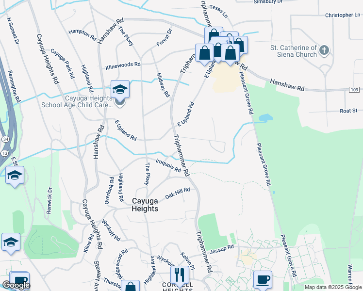 map of restaurants, bars, coffee shops, grocery stores, and more near 807 Triphammer Road in Ithaca