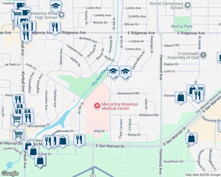 map of restaurants, bars, coffee shops, grocery stores, and more near 3431 West 9th Street in Waterloo