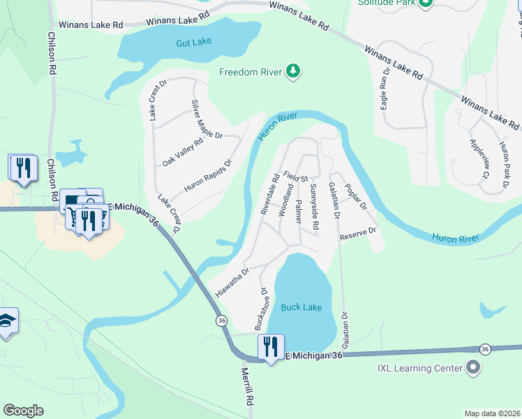 map of restaurants, bars, coffee shops, grocery stores, and more near 6427 Riverdale Road in Whitmore Lake