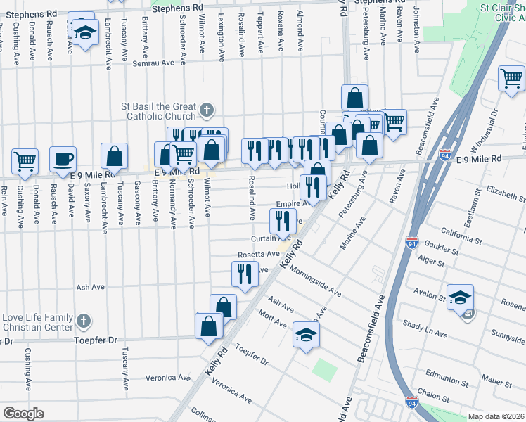 map of restaurants, bars, coffee shops, grocery stores, and more near 18220 Empire Avenue in Eastpointe
