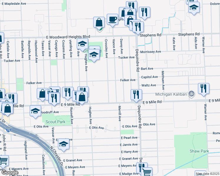 map of restaurants, bars, coffee shops, grocery stores, and more near 23114 Crossley Avenue in Hazel Park