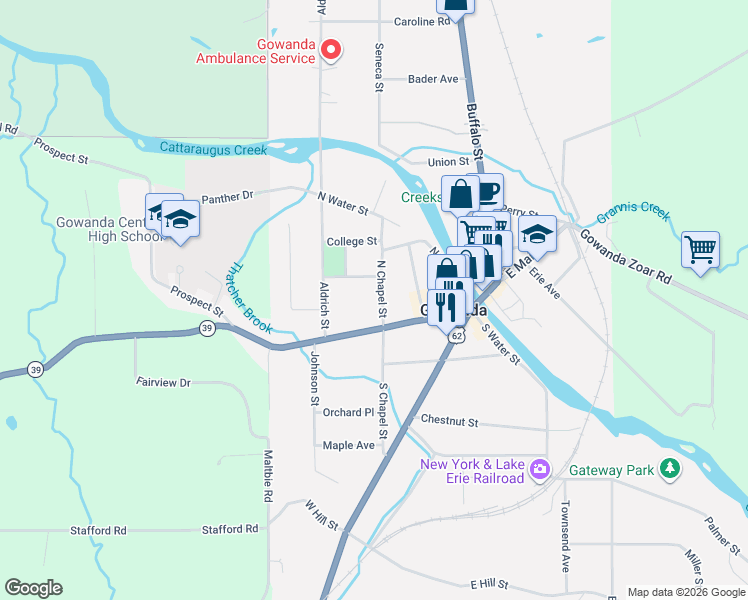 map of restaurants, bars, coffee shops, grocery stores, and more near 32 North Chapel Street in Gowanda