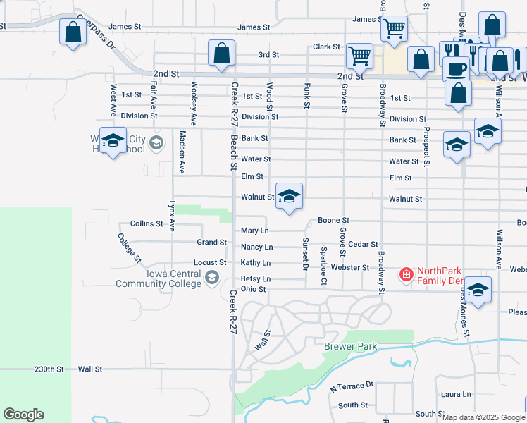 map of restaurants, bars, coffee shops, grocery stores, and more near 1201 Meadow Lane in Webster City