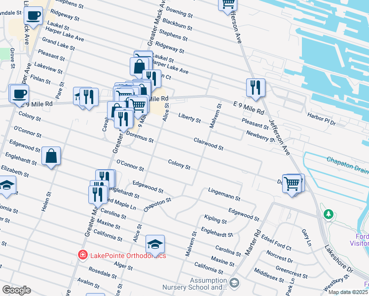 map of restaurants, bars, coffee shops, grocery stores, and more near 22641 Doremus Street in St. Clair Shores