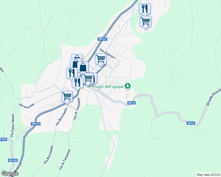 map of restaurants, bars, coffee shops, grocery stores, and more near 71 Via Guido Caratelli in Canino