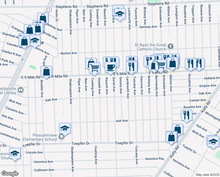 map of restaurants, bars, coffee shops, grocery stores, and more near 22469 David Avenue in Eastpointe