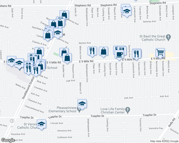 map of restaurants, bars, coffee shops, grocery stores, and more near 22472 Shakespeare Avenue in Eastpointe