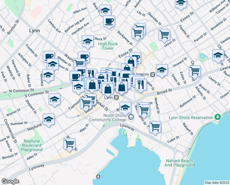 map of restaurants, bars, coffee shops, grocery stores, and more near 491 Washington Street in Lynn