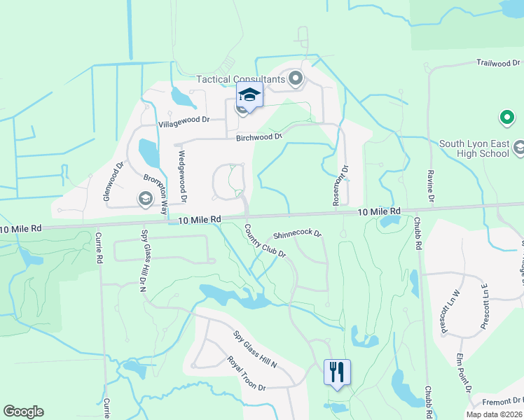 map of restaurants, bars, coffee shops, grocery stores, and more near 53990 10 Mile Road in South Lyon