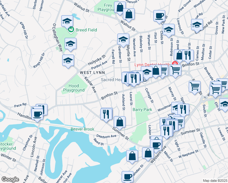 map of restaurants, bars, coffee shops, grocery stores, and more near 649 Boston Street in Lynn