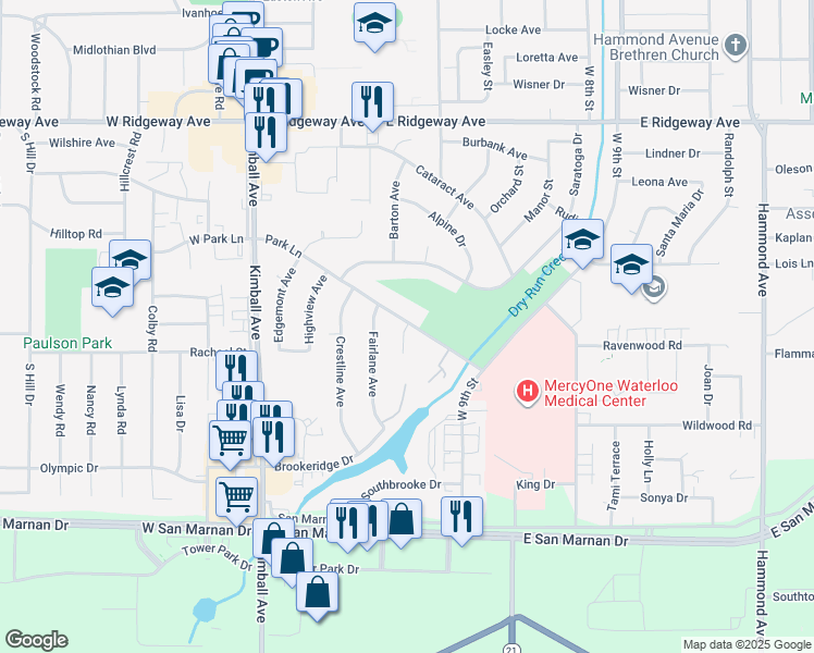map of restaurants, bars, coffee shops, grocery stores, and more near 601-699 Park Ln in Waterloo
