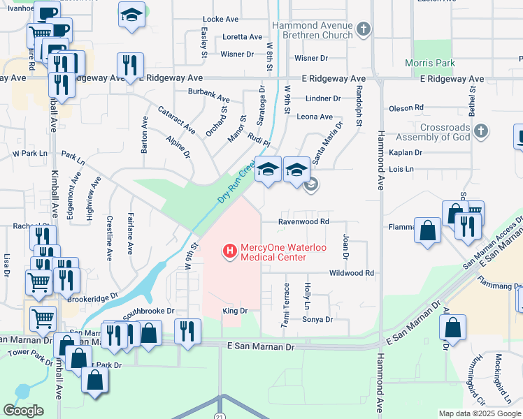 map of restaurants, bars, coffee shops, grocery stores, and more near 2539 Saint Francis Drive in Waterloo