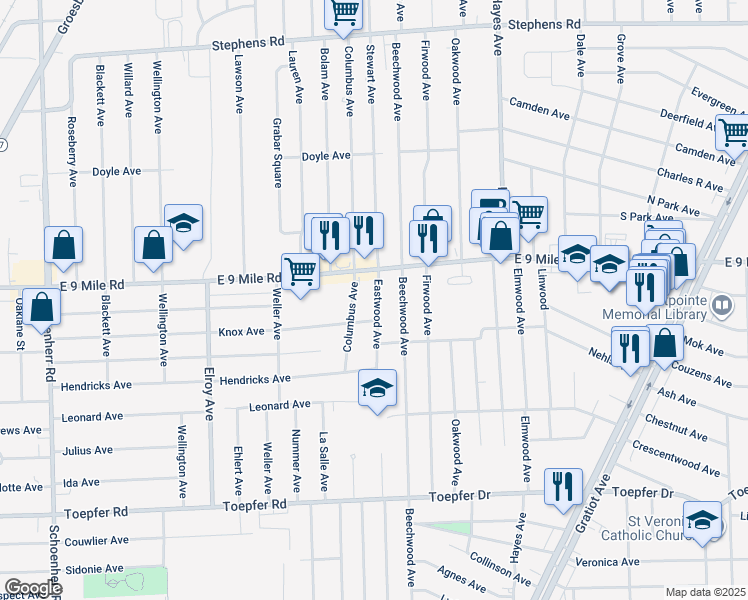 map of restaurants, bars, coffee shops, grocery stores, and more near 22805 Eastwood Avenue in Warren